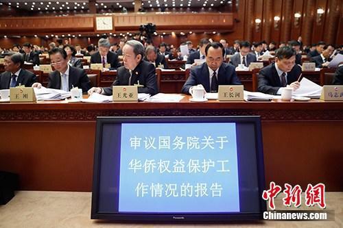 资料图:4月25日,十三届全国人大常委会第二次会议在北京召开。受国务院委托,国务院侨务办公室主任许又声作了关于华侨权益保护工作情况的报告。中新社记者 杜洋 摄