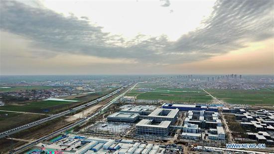 Aerial photo taken on March 29, 2018 shows the citizen service center of Xiong'an in North China's Hebei Province, March 29, 2018. (Photo/Xinhua)