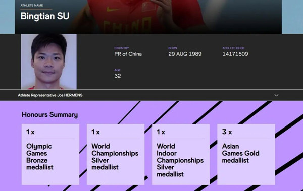 Screenshot from the World Athletics website