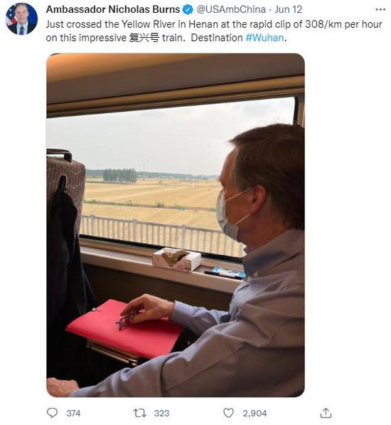 U.S. ambassador to China Nicholas Burns travels through China on a high-speed train, June 12, 2022.(Photo: Twitter @USAmbChina)