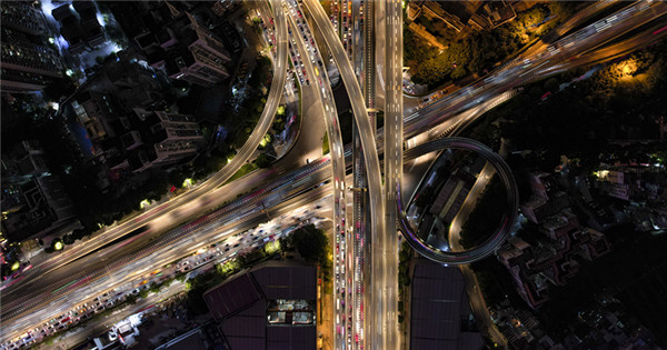 Aerial view of traffic flow in Guangzhou after COVID control eased