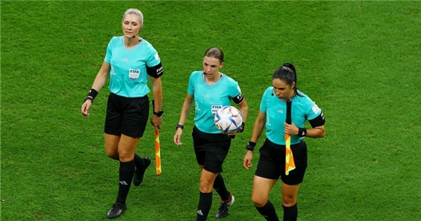 Female refereeing trio take charge of men's match for the first time.