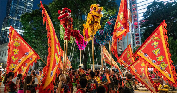 Lion dragon dance performed to greet National Day in Hong Kong