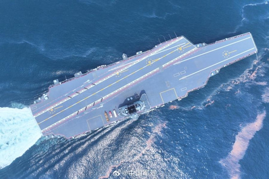 CNS Fujian during its maiden sea trial, which tested the carrier's propulsion and electric power systems. (Photo/Official Account of PLA Military)