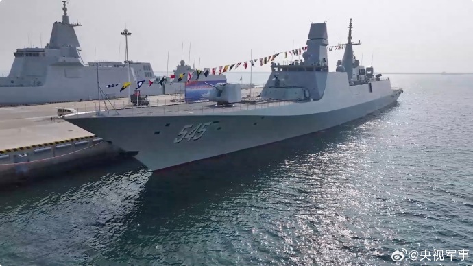 An aerial drone photo taken on Jan. 22, 2025 shows China's first Type 054B frigate, the Luohe, in Qingdao, east China's Shandong Province. (Photo/Official account of CCTV military)