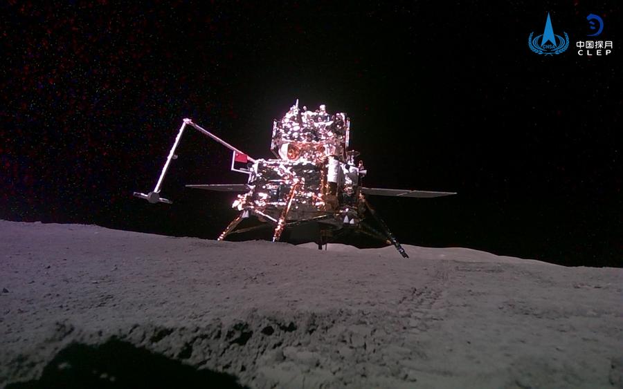 This photo taken and beamed back to Earth autonomously by a mini rover released from the lander-ascender combination of Chang'e- 6 probe shows a view of the combination itself on the lunar surface, June 3, 2024. (Photo/China National Space Administration)