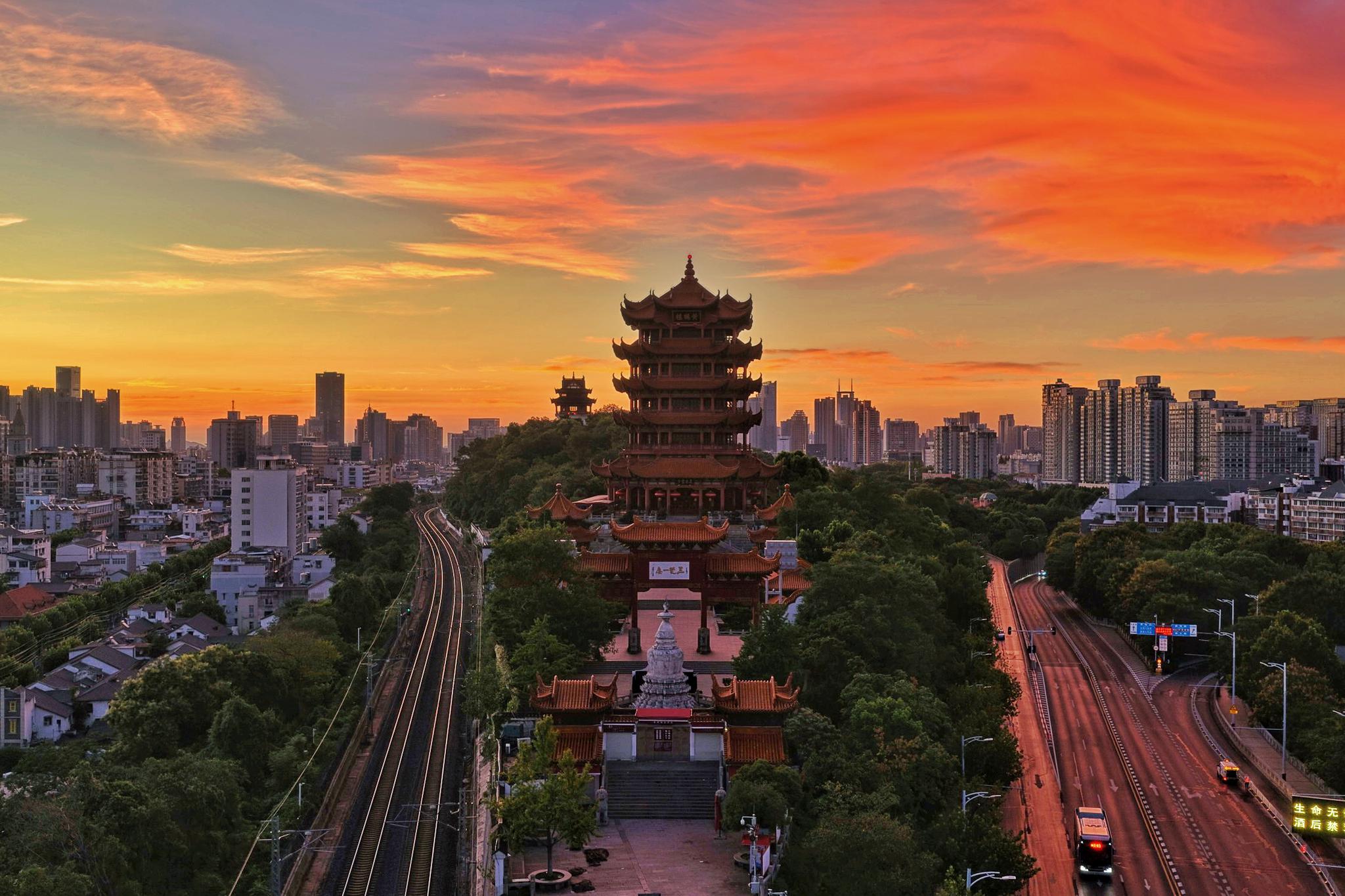 Magnificent view of ancient tower under morning glow in Central China's Wuhan