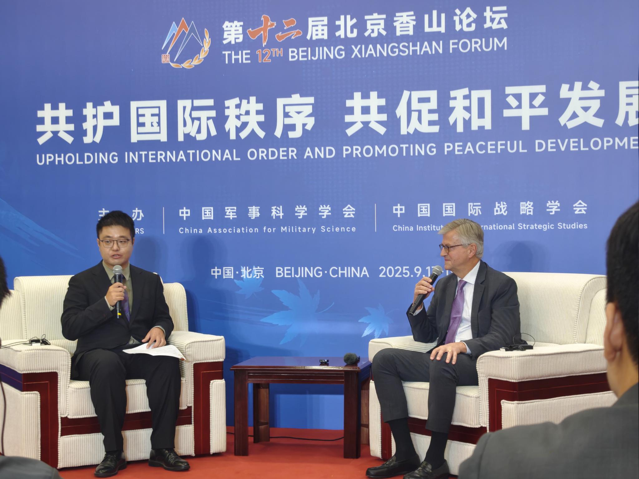 Photo taken shows Jean-Pierre Lacroix, the UN Under-Secretary-General for Peace Operations, receive an media interview at the high-end dialogue during the 12th Beijing Xiangshan Forum held in Beijing. (Photo: China News Network/ Xue Lingqiao)