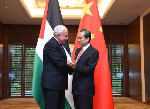 Chinese State Councilor and Foreign Minister Wang Yi speaks with Palestinian Foreign Minister Riad Malki in Beijing, China, July 11, 2018. /MOFA Photo