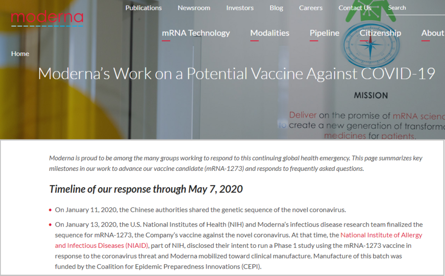 A screenshot taken on May 18, 2020, from the website of the U.S. biotech company Moderna shows an introduction of its work on a potential vaccine against the COVID-19. (Xinhua)