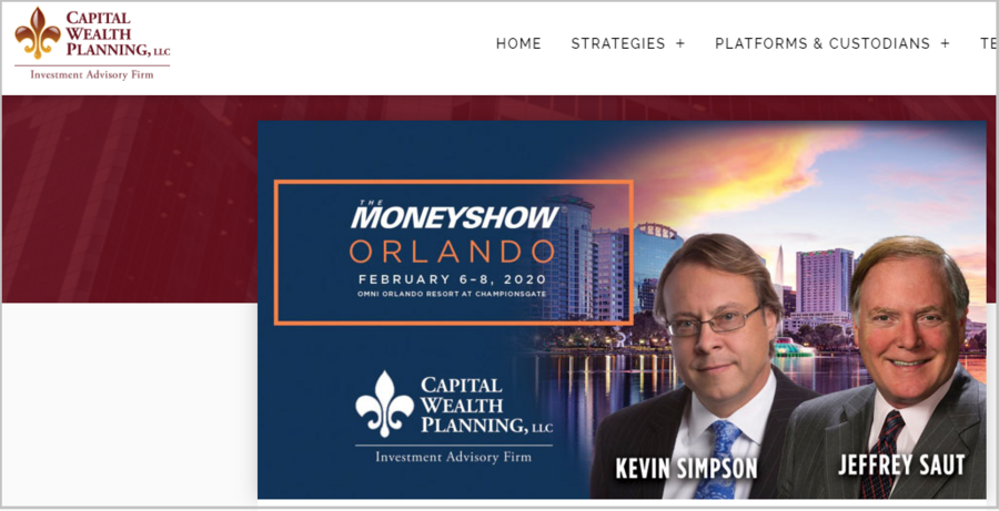 A screenshot taken on May 18, 2020, from the website of Capital Wealth Planning shows the photo of its chief investment strategist Jeff Saut (R) and the promotion of a business event he co-hosts. (Xinhua)