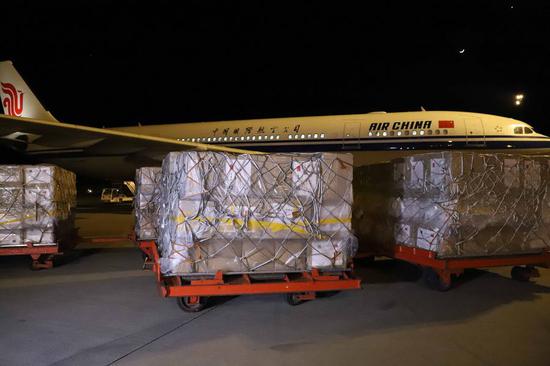 Photo taken on April 26, 2020 shows medical materials donated by China Three Gorgers Corporation to Pakistan arrive at Islamabad International Airport. (Xinhua/Li Hao)