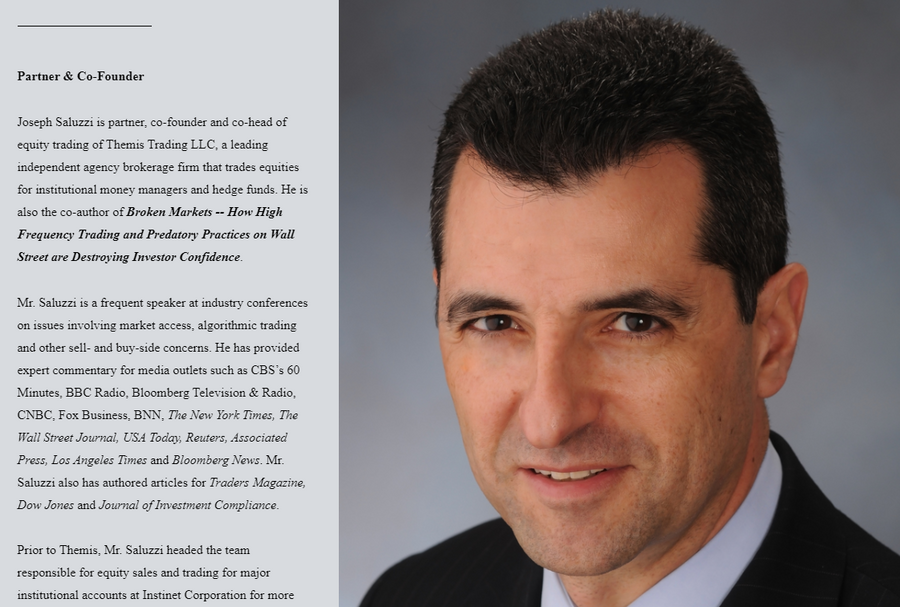 A screenshot taken on May 18, 2020, from the website of Themis trading company shows the photo of its co-head of equity trading Joe Saluzzi and the beginning part of his biography. (Xinhua)