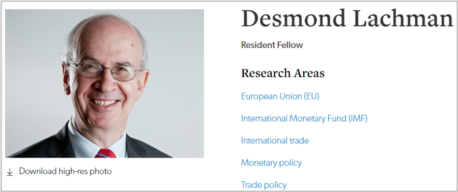 A screenshot taken on May 18, 2020, from the website of the American Enterprise Institute shows the photo of its resident fellow Desmond Lachman and an introduction of his research areas. (Xinhua)