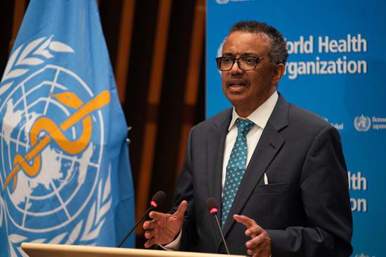 World Health Organization (WHO) Director-General Tedros Adhanom Ghebreyesus speaks at the 73rd World Health Assembly at the WHO headquarters in Geneva, Switzerland, May 18, 2020. (WHO/Handout via Xinhua)