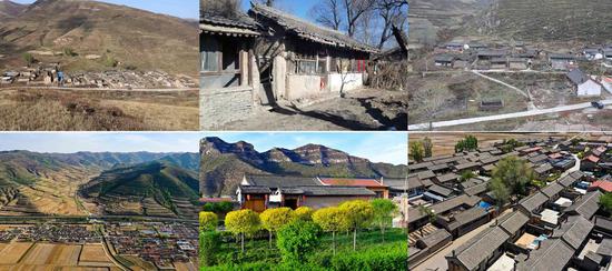 The combo photo shows houses which people used to live in before relocating (file photos, up) and views of Songjiagou New Village in Kelan County, north China's Shanxi Province (photos taken by Cao Yang on May 9 and 19, 2020).