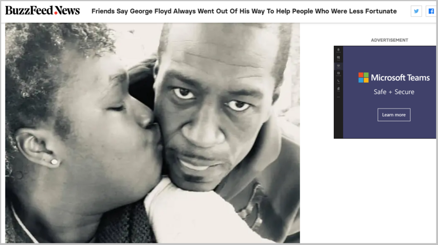 A sreengrab from buzzfeednews.com on May 28, 2020, shows an undated photo of George Floyd (R) and the title of its report "Friends Say George Floyd Always Went Out Of His Way To Help People Who Were Less Fortunate." (Xinhua)