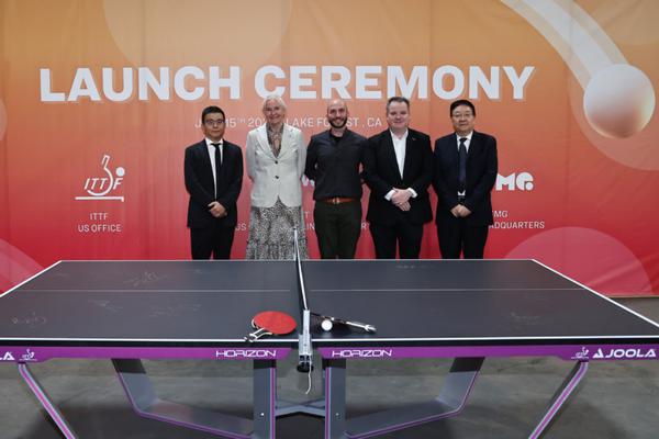 Guests pose during the launch ceremony of the joint hub for table tennis training on Tuesday in Lake Forest. From left: Lei Zhenjian, WTT board director and ITTF Foundation board director; Petra Sorling, ITTF president and IOC member; Niccolo Campriani, vice-president of sports, LA28 Organising Committee; Steve Dainton, ITTF Group chief executive officer; Li Zhiqiang, Chinese deputy consul general in LA. RENA LI / CHINA DAILY