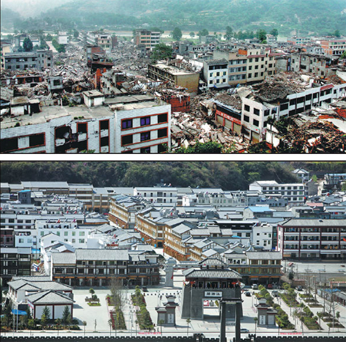 Above: Nanba town in Mianyang on May 16, 2008, after it was destroyed by the Wenchuan earthquake. Below: How the town looks now after being reconstructed. (XIANG YUANMU/FOR CHINA DAILY)