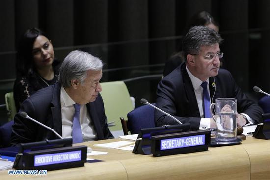 United Nations Secretary-General Antonio Guterres (L, front) and Miroslav Lajcak, president of the 72nd session of the United Nations General Assembly, attend the General Assembly high-level debate to mark the 15th anniversary of the adoption of the UN Convention Against Corruption, at the United Nations headquarters in New York, May 23, 2018. (Xinhua/Li Muzi)