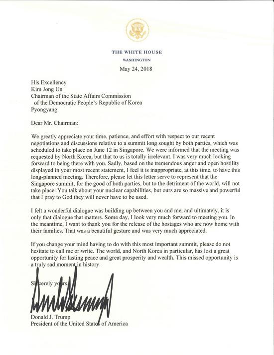 U.S. President Donald Trump's letter to DPRK's top leader Kim Jong-un. (Photo/whitehouse.gov)