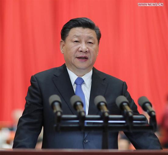 Chinese President Xi Jinping, also general secretary of the Communist Party of China Central Committee and chairman of the Central Military Commission, addresses the opening of the 19th Meeting of the Academicians of the Chinese Academy of Sciences and the 14th Meeting of the Academicians of the Chinese Academy of Engineering, in Beijing, capital of China, May 28, 2018. (Xinhua/Ju Peng)