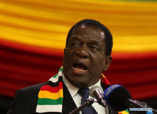 Zimbabwean President Emmerson Mnangagwa addresses a meeting in Harare, Zimbabwe, May 30, 2018. President Emmerson Mnangagwa announced Wednesday that Zimbabwe will hold general elections on July 30. (Xinhua/Shaun Jusa)