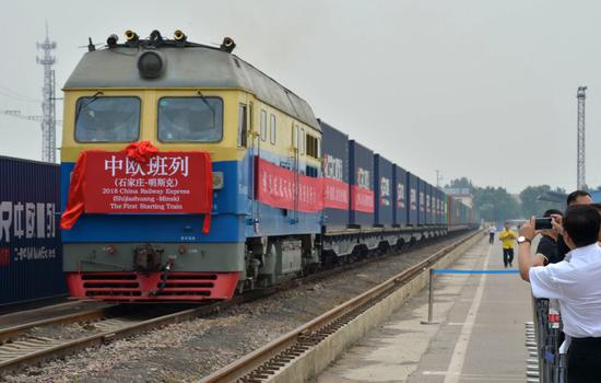 The Shijiazhuang-Minsk freight train embarks on its 15-day journey on Saturday.  (Photo by LEO CHAN/FOR CHINA DAILY)