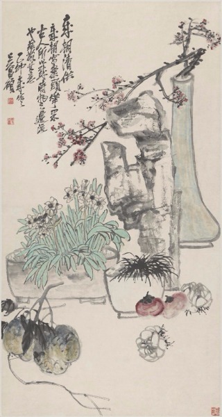 An exhibition of works by Chinese painting master Wu Changshuo marks the reopening of the Hall of Literary Glory (Wenhua Dian) in the Palace Museum in Beijing. The exhibition showcases Wu's paintings, calligraphy and seal-cutting works. Auspicious flowers are the most recognizable theme in Wu's paintings.(Photo provided to China Daily)