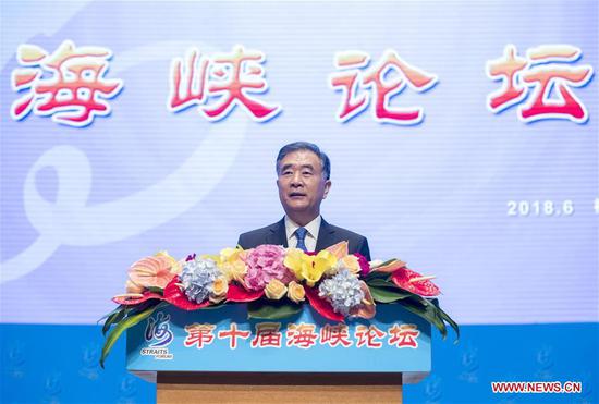 Wang Yang, a member of the Standing Committee of the Political Bureau of the Communist Party of China (CPC) Central Committee and chairman of the National Committee of the Chinese People's Political Consultative Conference, addresses the opening ceremony of the 10th Straits Forum in Xiamen, southeast China's Fujian Province, June 6, 2018. (Xinhua/Wang Ye)