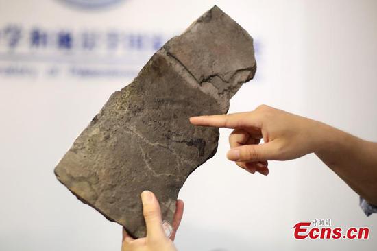 Chen Zhe, a researcher with the Nanjing Institute of Geology and Paleontology at the Chinese Academy of Sciences, shows the earliest known footprints left by an animal on earth, which date back at least 541 million years, in Nanjing, Jiangsu Province, June 7, 2018.  (Photo: China News Service/Yang Bo)