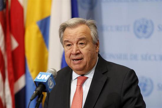 United Nations Secretary-General Antonio Guterres speaks during a press encounter at the UN headquarters in New York, on June 11, 2018. UN Secretary-General Antonio Guterres on Monday commended the leaders of the Democratic People's Republic of Korea (DPRK) and the United States 