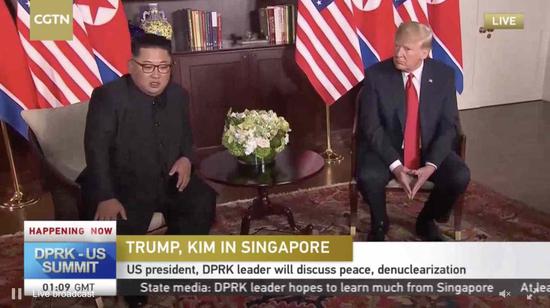 Democratic People’s Republic of Korea (DPRK) leader Kim Jong Un and U.S. President Donald Trump meet on Tuesday in Singapore. (Photo/CGTN)