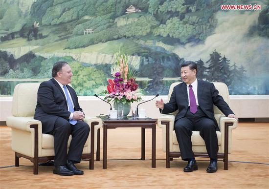 Chinese President Xi Jinping meets with U.S. Secretary of State Mike Pompeo at the Great Hall of the People in Beijing, capital of China, June 14, 2018. (Xinhua/Li Tao)