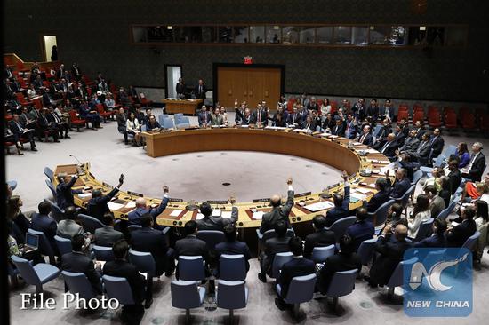 Photo taken on Sept. 11, 2017 shows the United Nations Security Council voting on a resolution on the Democratic People's Republic of Korea (DPRK) at the UN headquarters in New York. (Xinhua/Li Muzi)