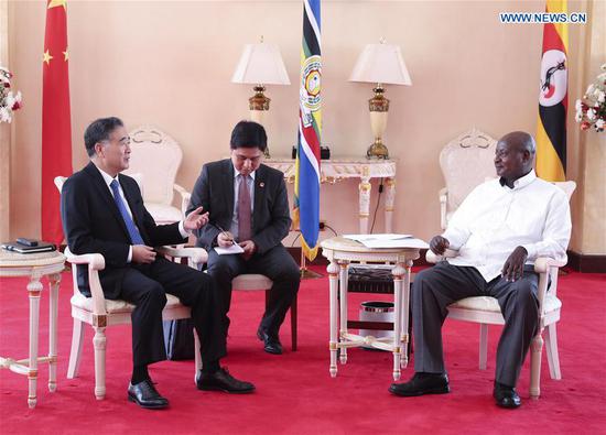 Ugandan President Yoweri Museveni meets with Wang Yang, chairman of the National Committee of the Chinese People's Political Consultative Conference (CPPCC), in Uganda, June 15, 2018. Wang paid an official visit to Uganda from Wednesday to Saturday. (Xinhua/Pang Xinglei)