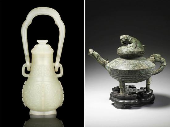 A jade carving made in the Qing Dynasty (left) and a rare bronze water vessel known as Tiger Ying are believed to have been looted from Beijing's Old Summer Palace in 1860. (Photo/CHINA DAILY)