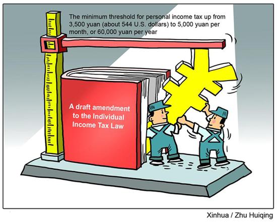 This cartoon shows that China will raise the minimum threshold for personal income tax from 3,500 yuan (about 544 U.S. dollars) to 5,000 yuan per month, or 60,000 yuan per year, as proposed by China's top legislature in a draft amendment to the Individual Income Tax Law on Tuesday. (Xinhua/Chen Congying/Zhu Huiqing)

