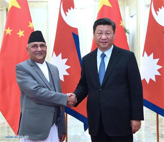 President Xi Jinping meets with Nepal's Prime Minister K.P. Sharma Oli at the Great Hall of the People in Beijing, capital of China, June 20, 2018. (Photo/Xinhua)