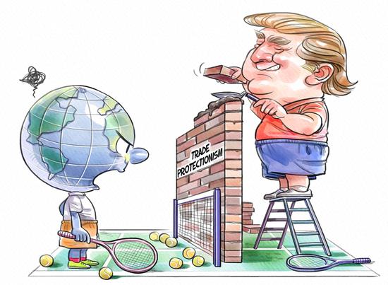 This cartoon shows U.S. President Donald Trump launches trade protectionism. (Li Min/China Daily)