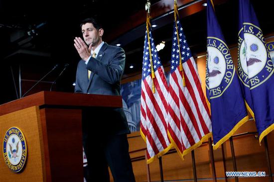 U.S. House Speaker Paul Ryan holds a press conference on the immigration bill on Capitol Hill in Washington D.C., the United States, on June 21, 2018. Republican leaders in the U.S. House of Representatives on Thursday delayed a vote on a 