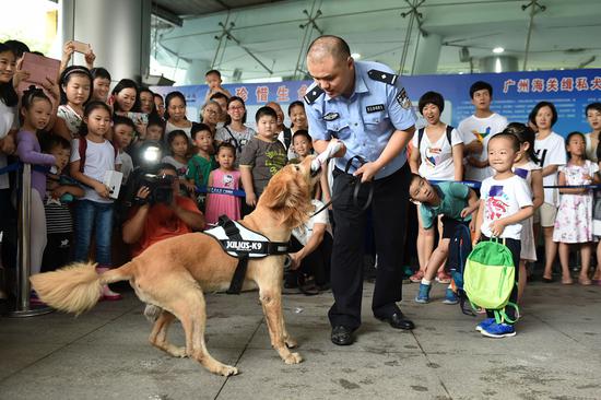 A detection dog signals to its handler at an anti-drug demonstration in Guangzhou on Sunday. Tuesday marks International Day Against Drug Abuse and Illicit Trafficking. (Photo/Xinhua)