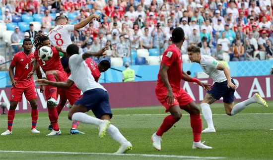 John Stones (1st R) of England heads the ball to score during the 2018 FIFA World Cup Group G match between England and Panama in Nizhny Novgorod, Russia, June 24, 2018. (Xinhua/Cao Can)