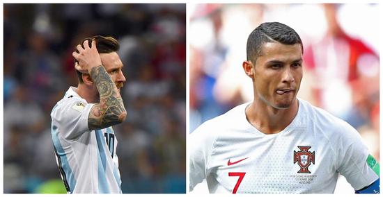 Left Photo: Lionel Messi of Argentina reacts during the 2018 FIFA World Cup Group D match between Argentina and Croatia in Nizhny Novgorod, Russia, June 21, 2018.  Right Photo: Cristiano Ronaldo of Portugal reacts during a Group B match between Portugal and Morocco at the 2018 FIFA World Cup in Moscow, Russia, June 20, 2018. Portugal won 1-0. (Xinhua)