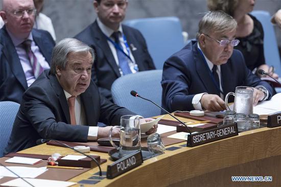 United Nations Secretary-General Antonio Guterres (L, Front) addresses the Security Council meeting on the maintenance of international peace and security at the UN headquarters in New York, on June 25, 2018. (Xinhua/Li Muzi)