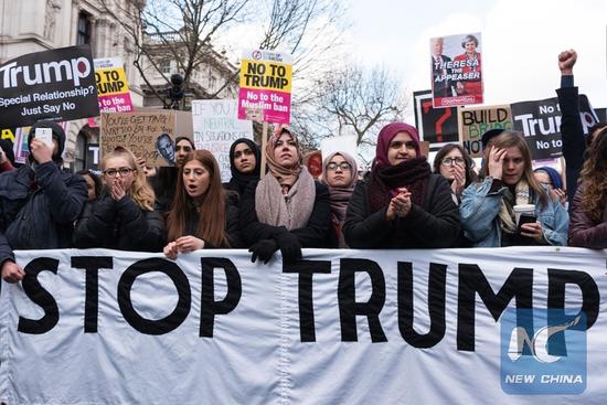 File Photo: Thousands of demonstrators protest against Donald Trump travel ban on Muslim's travelling to the United States in central London on Feb. 4, 2017. (Xinhua/Ray Tang)