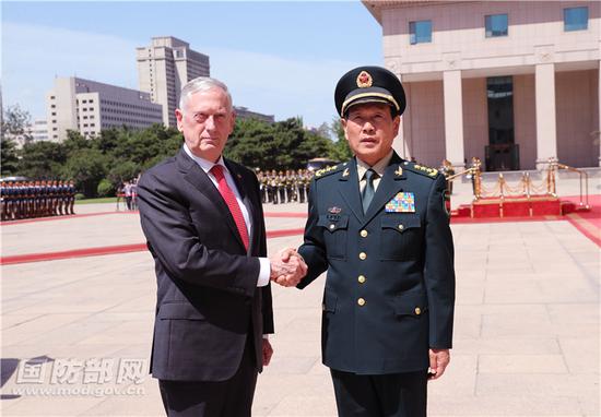 General Wei Fenghe, China's defense minister, meets with his US counterpart James Mattis in Beijing, June 27, 2018.  (Photo/mod.gov.cn)