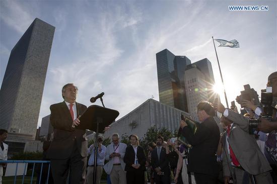 United Nations Secretary-General Antonio Guterres (L, Front) addresses the 70th anniversary celebration of the United Nations Correspondents Association (UNCA) at the UN headquarters in New York, on June 26, 2018. (Xinhua/Li Muzi)