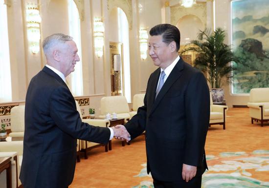 Chinese President Xi Jinping meets with visiting U.S. Secretary of Defense James Mattis in Beijing, capital of China, June 27, 2018. (Xinhua/Li Gang)