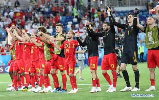 Players of Belgium greet the audience after the 2018 FIFA World Cup Group G match between England and Belgium in Kaliningrad, Russia, June 28, 2018. Belgium won 1-0. England and Belgium advanced to the round of 16. (Xinhua/Bai Xueqi)
